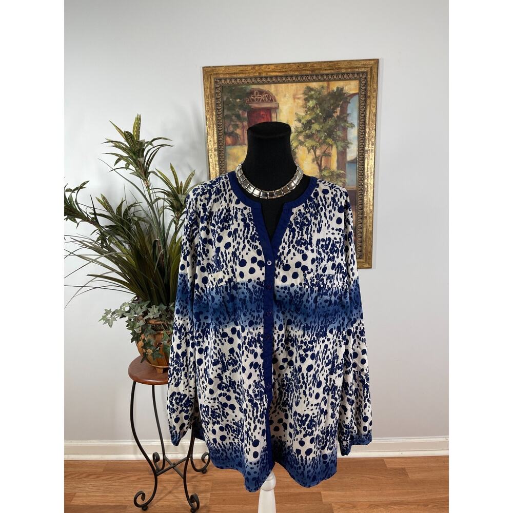 Fred David Blouse Top Women's Size 2X Blue White Career Office Button Up Boho